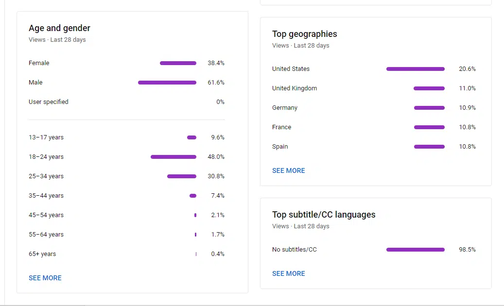 A report from YouTube channel demographics on gender, age and location.